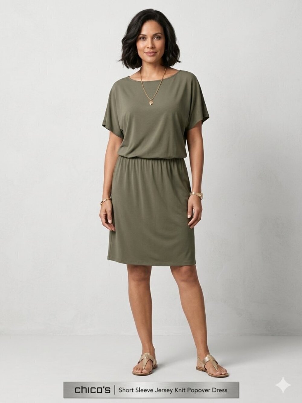 Chico's Size 1/8-10 M Olive Short Sleeve Jersey Knit Elastic Waist Popover Dress